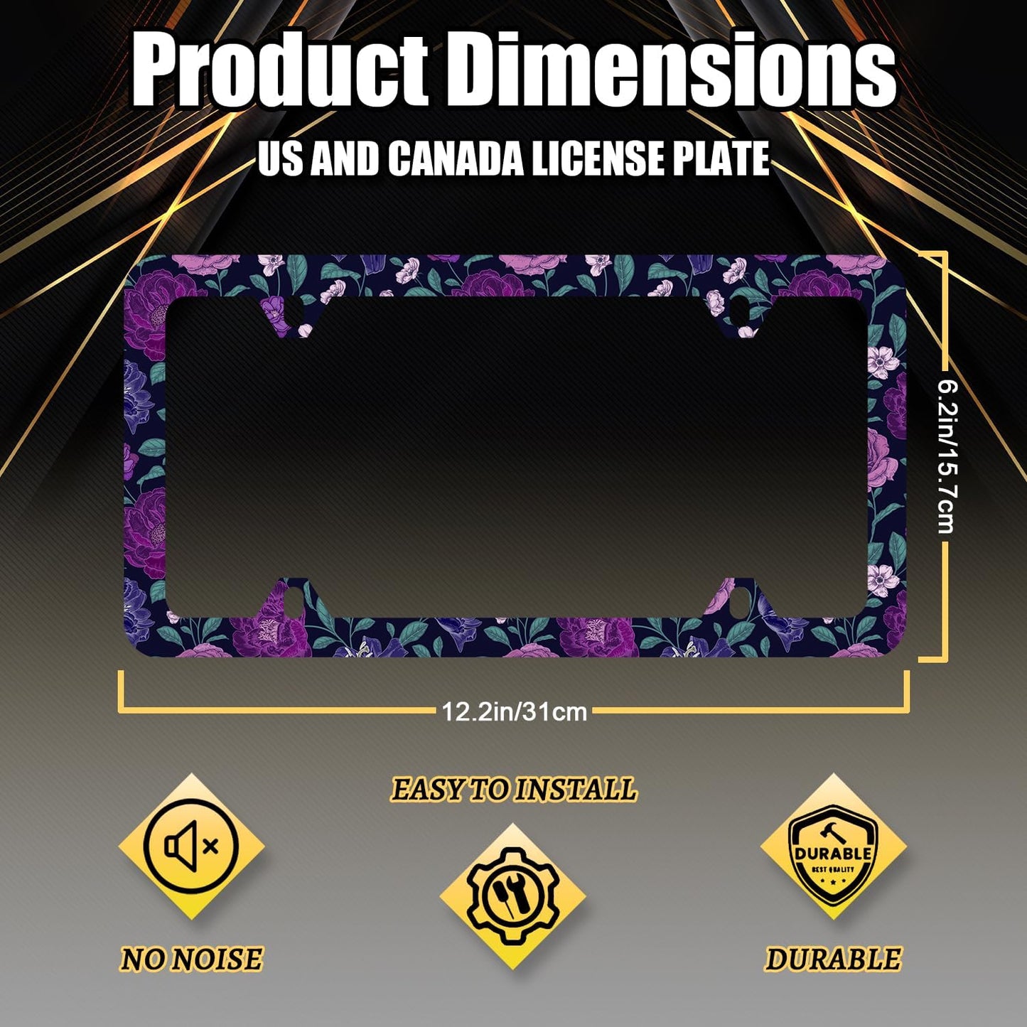 Purple Floral Flowers License Plate Frame Roses Peonies Colorful License Plate Stainless Steel Flowers Car Accessory Funny License Plate Decoration Women Size 12.2" x 6.2" with Screws