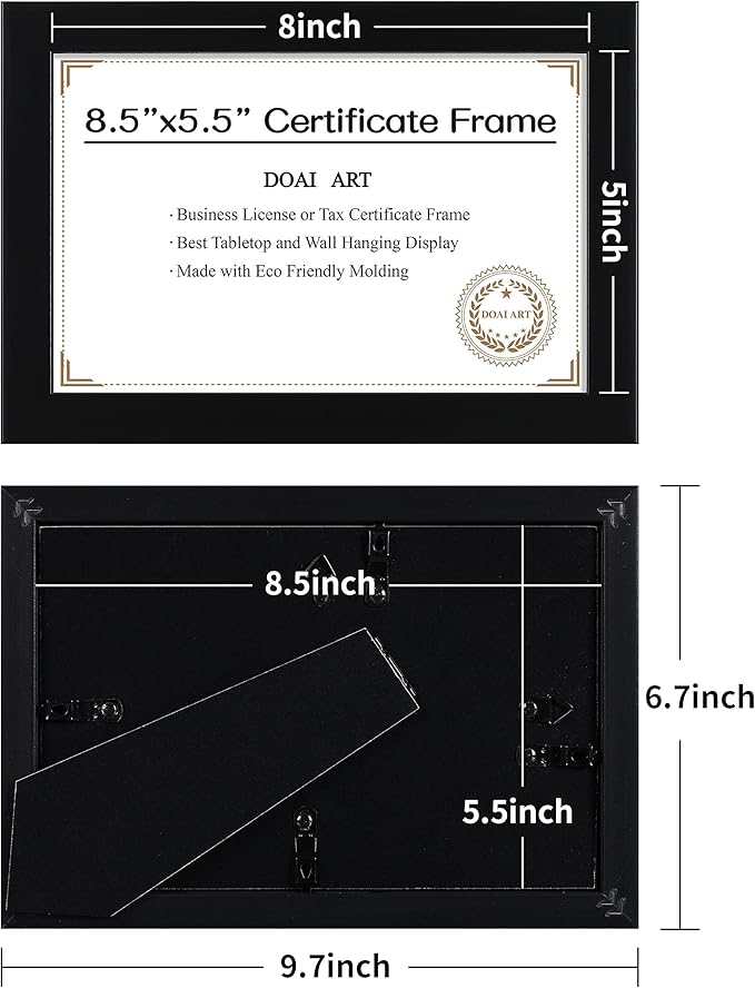 DOAI ART 8.5 x 5.5 Business License Frame Black, Professionals 5.5 x 8.5 Certificate Frames Fit Diploma, Document and Tax Certificate Self Standing with Wall Hangers