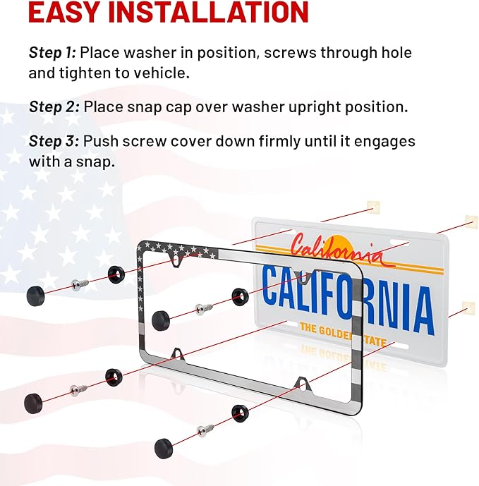 RED WOLF American USA Flag License Plate Frame Stainless Steel Holder Front Rear Auto Tag US Stars & Stripes Slim Edge for Patriotic, 4 Holes Mount W/Screw Accessories Caps 2 PCS