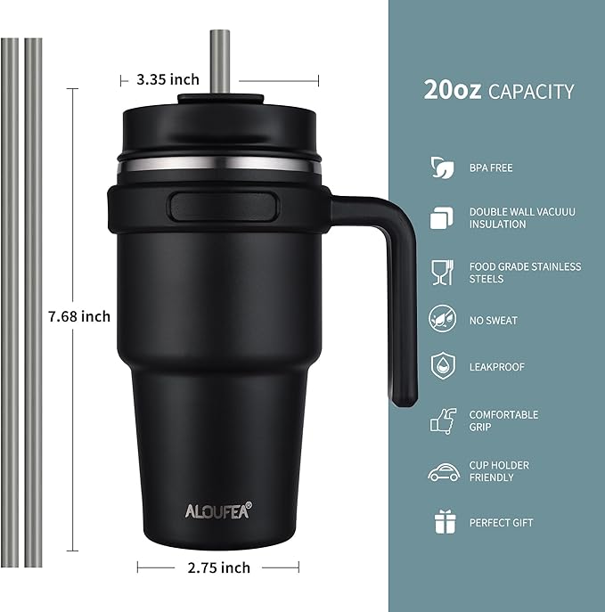 ALOUFEA 20 oz Insulated Coffee Mug Tumbler with Handle, Stainless Steel Travel Mug Tumbler with Lid and Straw,Double Wall Vacuum Leak Proof Ice Coffee Thermal Cup,Plum