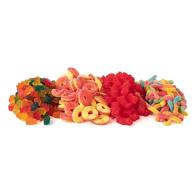 5 lb Bulk Gummy Candy Box – Includes Gummi Bears, Cinnamon Bears, Sour Gummy Worms, and Gummi Peach Rings – Fun Variety Mix for Candy Buffets, Parties, Snacking & Gifting