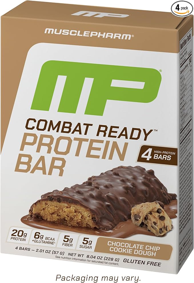 MusclePharm Combat Ready Chocolate Chip Cookie Dough Protein Bar, High Protein Bars, Combat Cravings, Fuel Performance & Meet Energy Demands, 20g Protein from Whey Protein, 5g Fiber, Gluten Free, 4 Bars