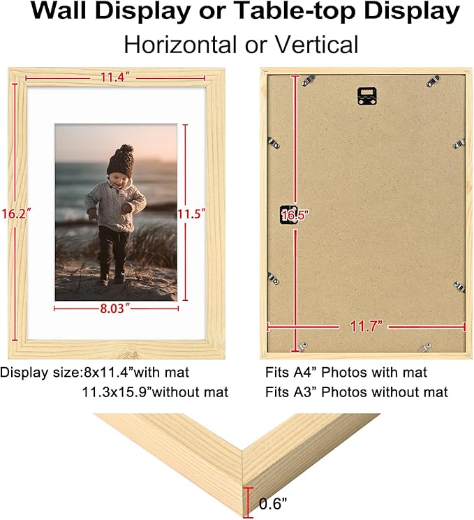 KINLINK A3 Picture Frame Wood Grain Set of 4, Wooden Photo Frames Matted A4 with Plexiglass for A4 with Mat or A3 without Mat for Wall Display