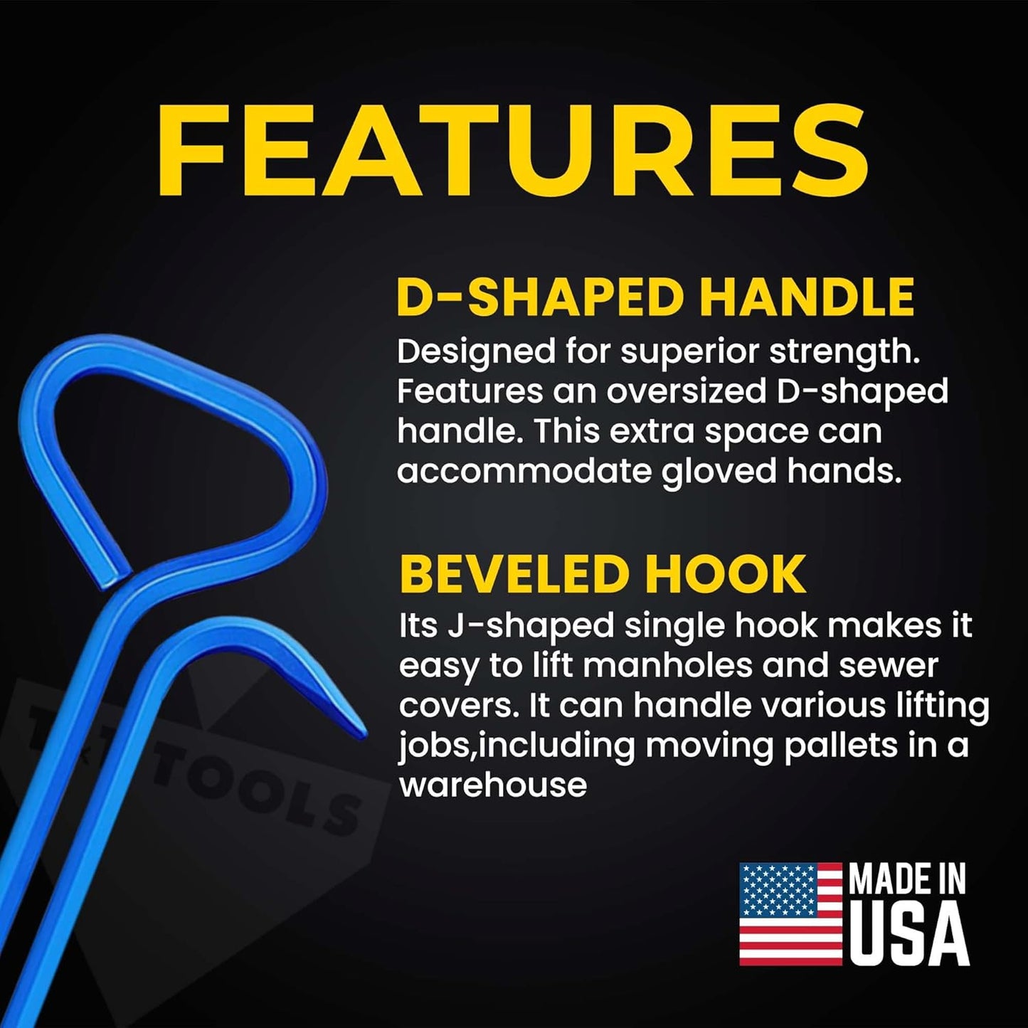 T&T Tools 36-Inch Manhole Hook - Heavy Duty Single Hook for Lifting Manhole Covers, Storm Drains, Septic Tank Risers - Rigid Hex Alloy Steel Tool for Lifting, Pulling, and Removing Covers - 2 Pack