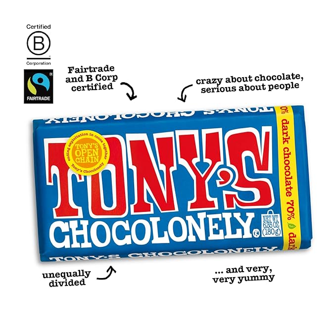 Tony's Chocolonely 70% Dark Chocolate Bar - Dark Belgium Chocolate, No Artificial Flavoring, Fairtrade & B Corp Certified - 6.35 Oz, 4 Bars