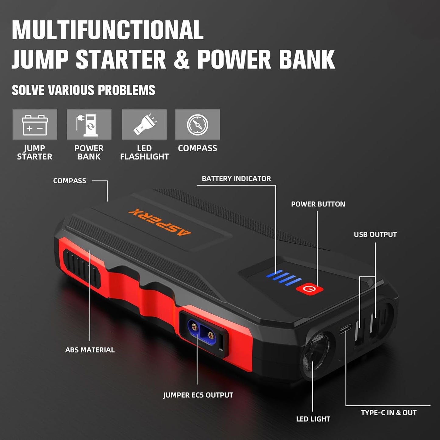 ASPERX 3000A Jump Starter for Car Battery, 12V Portable Jump Box with LED Light & Smart Jumper Cables, BMS for Up to 10.0L Gas or 8.0L Diesel Engines-Red