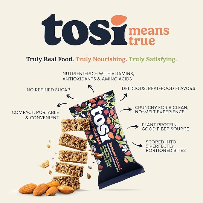 Tosi Almond Protein Bars, Plant Based with Nuts, Gluten-Free Crunchy Snacks, Vegan, Organic, Flax & Chia Seeds, Soy-Free, Omega 3s, 12G Protein, 2.4 oz, 12-Pack
