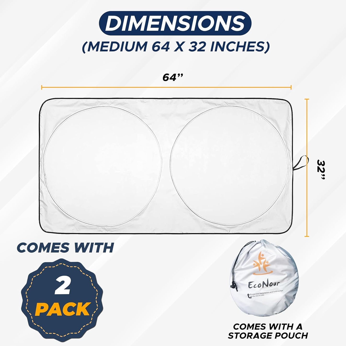 EcoNour Car Windshield Sun Shade (2 Pack), Reflector Sunshade car Window Shades, Car Reflective Sun Blocker Fits Small Sedans, Mini SUVs, & Hatchbacks, Medium (64 in x32 in)