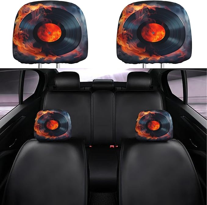 Dujiea 2 Pack Fire Record Music Lover Car Headrest Covers, Universal Soft Car Seat Head Rest Cover Protector, Vehicle Accessories Fabric Headrest Cover for Cars Vans Trucks
