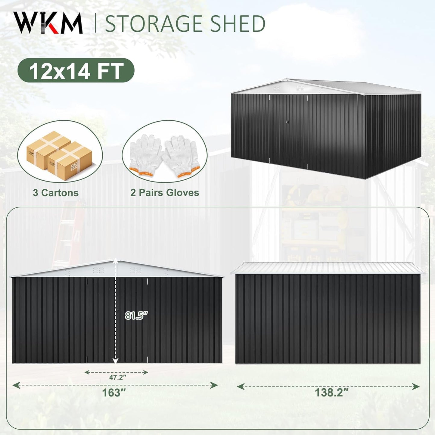 WKM 12x14 FT Outdoor Storage Shed, Utility Metal Tool Storage with Lockable Doors and Updated Frame Structure, Large Metal Garden Shed for Backyard, Patio Lawn, White