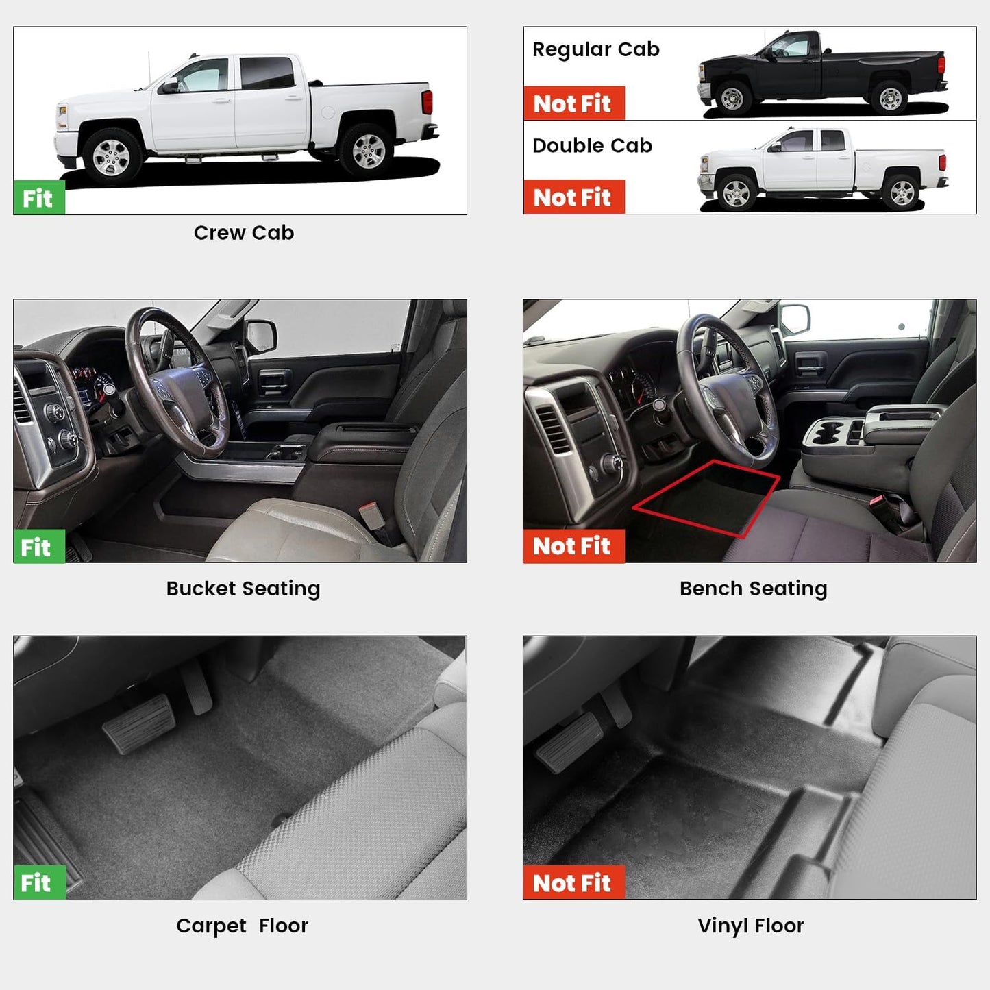 LASFIT Floor Mats 2014-2018 for Chevrolet Chevy Silverado/GMC Sierra 1500 Only Crew Cab, 2015-2019 Silverado/Sierra 2500HD 3500 HD, Only Crew Cab, with Carpet Floor, Only Fit 1st Row Bucket Seating