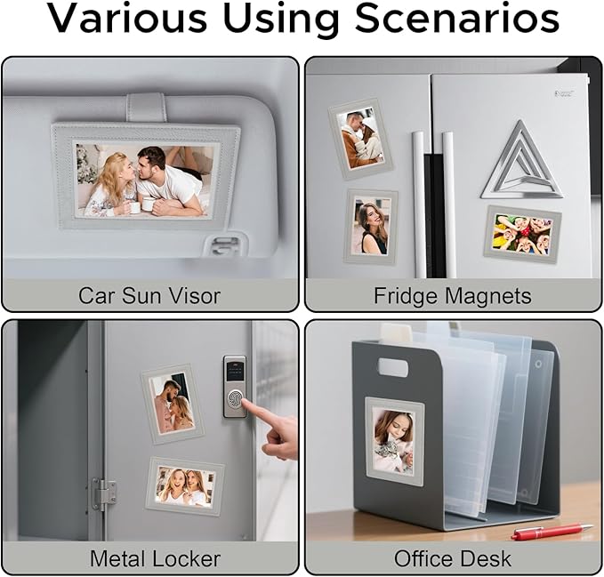 KINIVA 2 Pack Car Picture Holder - Magnetic Faux Leather Picture Frame for Safe Driving - Gift for Dad Mom Husband Wife Car Visor Accessories, Car Accessory (Fits 2.5"x3.5" Photos) (Grey)