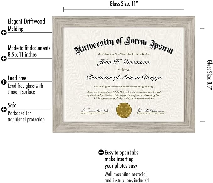 Americanflat 8.5x11 Diploma Frame with Shatter-Resistant Glass - Document Frames with Engineered Wood - Legacy Collection - Certificate Frame for Tabletop and Wall Display - Driftwood