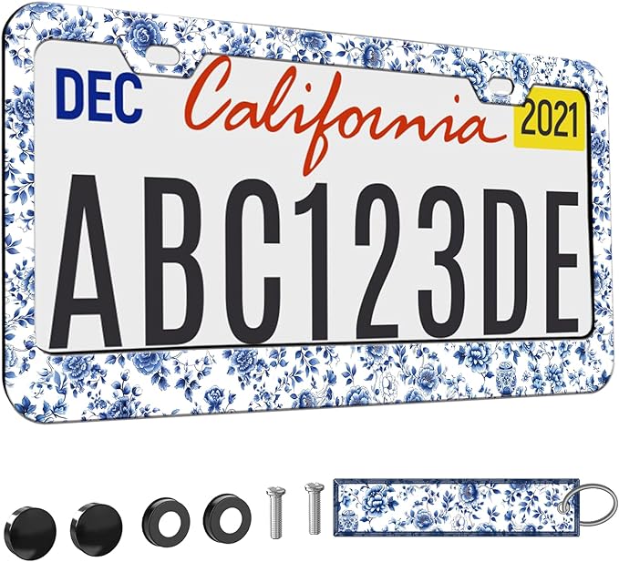 1pcs Blue White Porcelain Floral License Plate Frame for Women, Blue Flowers car Decorative tag Frames Girly, Cute Floral License Plate Cover Holder for Vehicle with Double Sided car Keychain tag