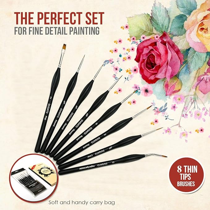 DUGATO Fine Detail Paint Brush Set - Miniature Brushes with Ergonomic Triangular Handles & Travel Case for Acrylic, Watercolor, Oil, Models & Warhammer (8pcs Detailing Paint Brush - Black)