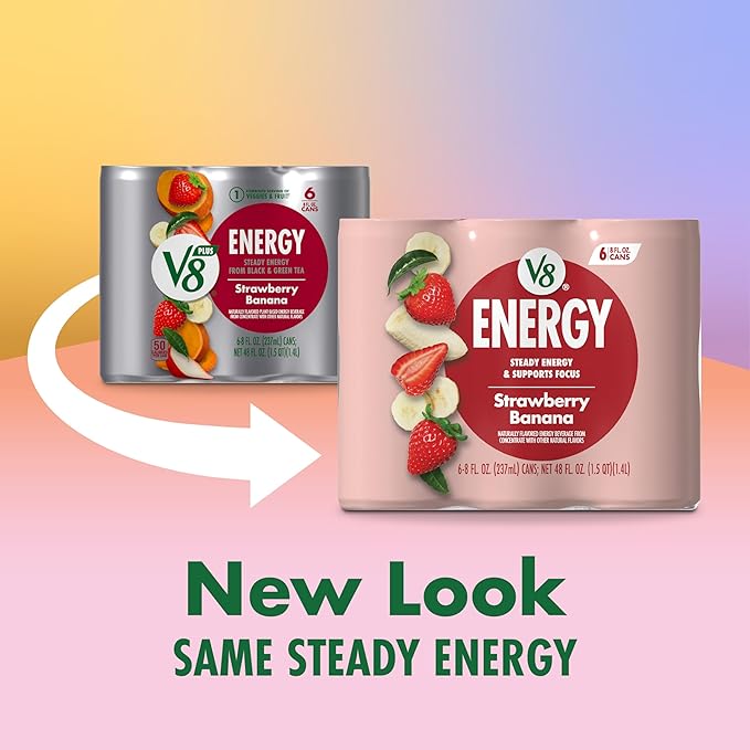 V8 +ENERGY Strawberry Banana Energy Drink, Made with Real Vegetable and Fruit Juices, 8 FL OZ Can (Pack of 6)