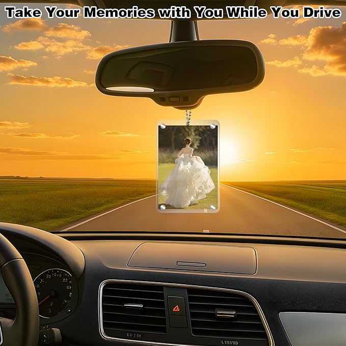 4Pcs Car Hanging Photo Holder, Universal Magnetic Holder with Chain Rear View Mirror Accessories Car Picture Frame Personalized Acrylic Transparent Ornaments Decor for Dads Gift