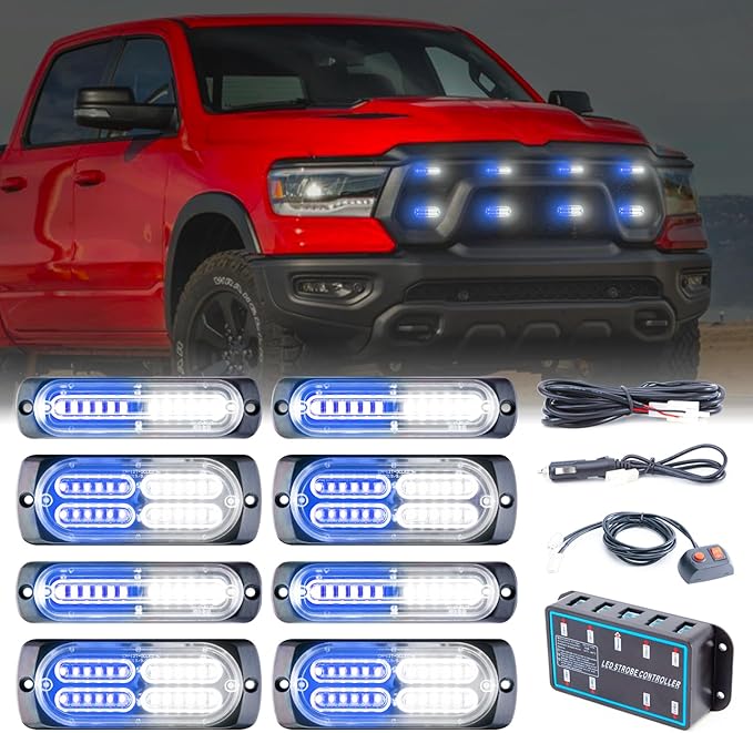 8pcs Sync Feature Emergency Strobe Grille Lights LED Ultra Slim Surface Mount Flashing Hazard Warning Light Bar with Controller for Firefighter/Construction/Trucks/Vehicles/Car (Blue/White)