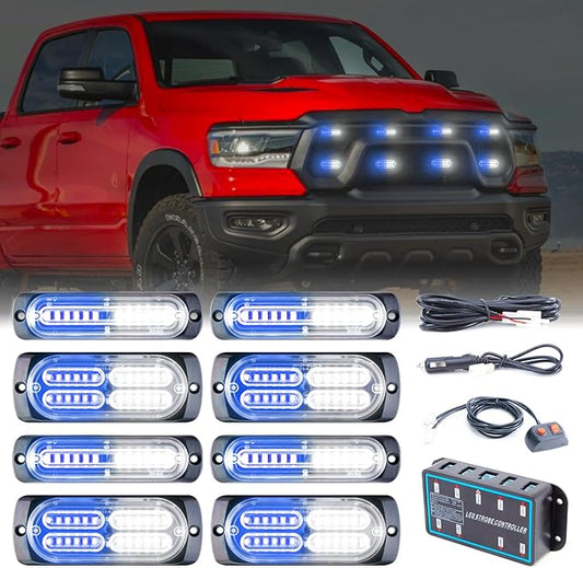 8pcs Sync Feature Emergency Strobe Grille Lights LED Ultra Slim Surface Mount Flashing Hazard Warning Light Bar with Controller for Firefighter/Construction/Trucks/Vehicles/Car (Blue/White)