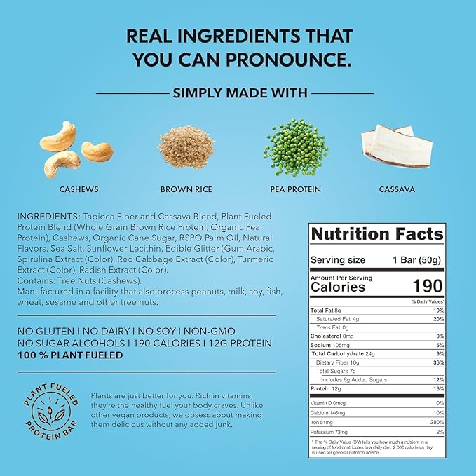 TRUBAR Vegan Protein Bar, Shake it Bake it Birthday Cake it, Gluten Free, Plant Based Protein, Dairy Free, Non GMO, Soy Free, No Sugar Alcohols, 12G Protein, 12G Fiber, 23G Carb, On the Go Snack Bars, 12 ct