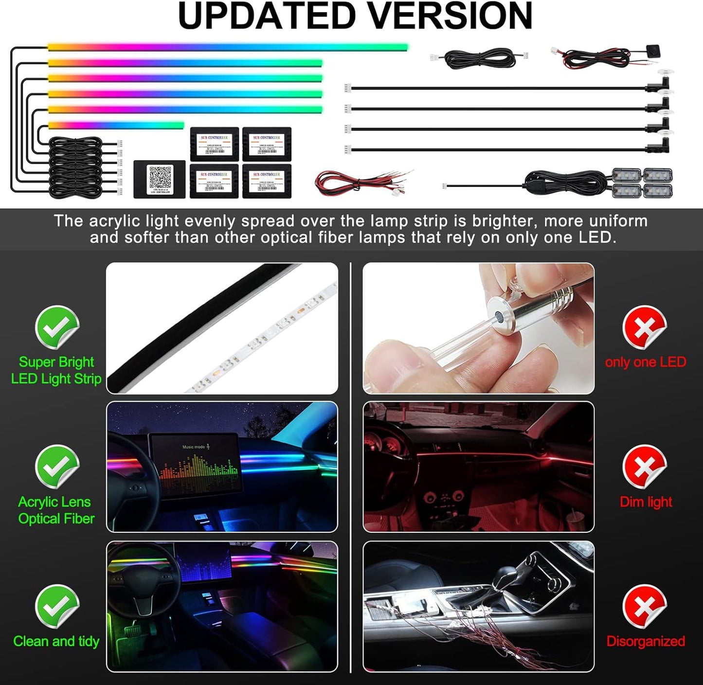 Dreamcolor Acrylic Interior Car LED Strip Light with Wireless APP, RGB 14 in 1 with 175 inches 593 LEDs Fiber Optic Ambient Lighting Kits, 16 Million Colors Sound Active Function Car Neon Lights