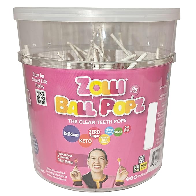 Zollipops Ball Popz 60ct Tub - Assorted Flavors, Sugar-Free, Dental-Friendly Lollipops for Guilt-Free and Flavorful Snacking