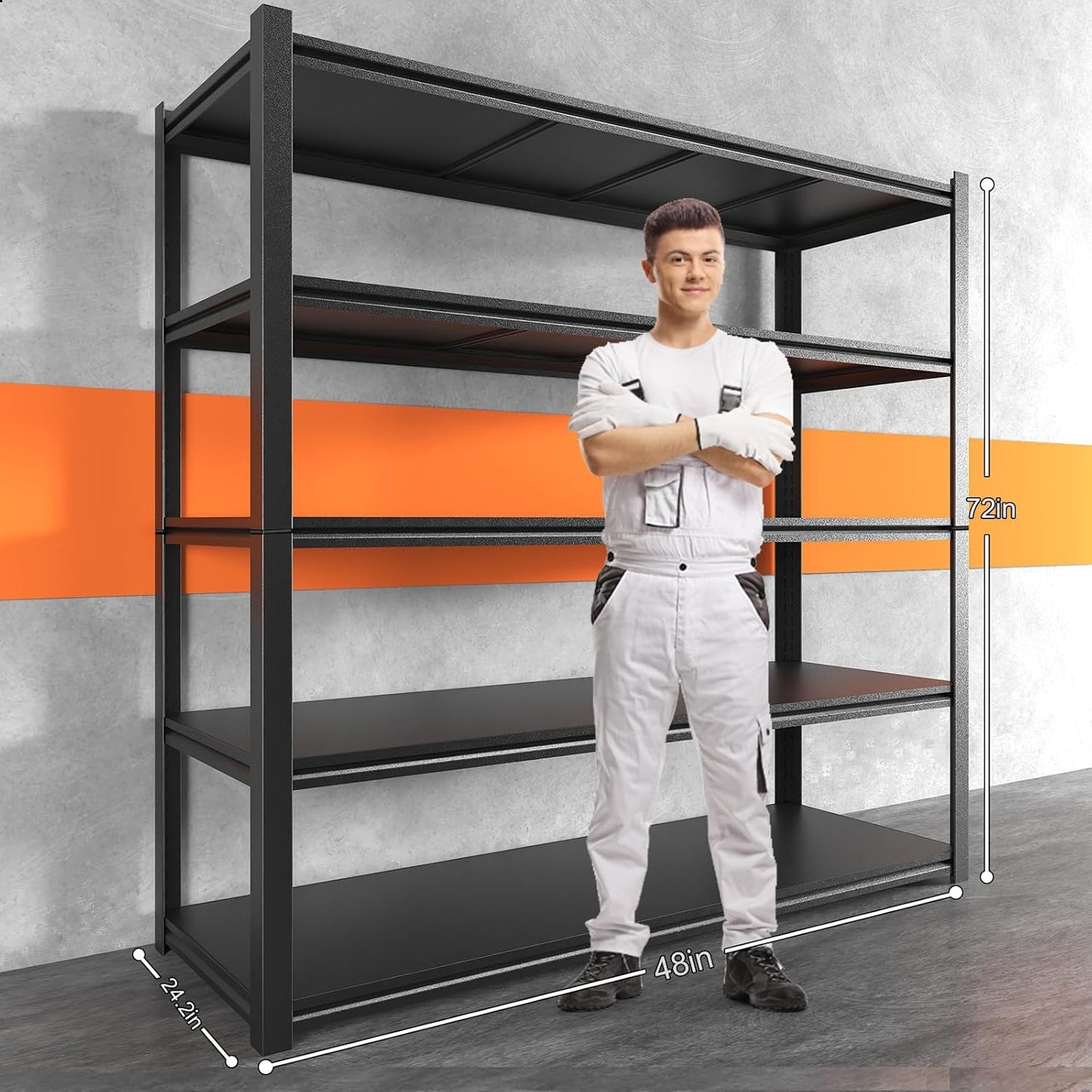 48.2" W Garage Shelving 3000LBS Storage Shelves Heavy Duty Garage Storage Shelves Adjustable 5 Tier Metal Shelves for Storage Industrial Heavy Duty Shelving Utility Shelf 24.2"Dx48.2"Wx 72.2"H