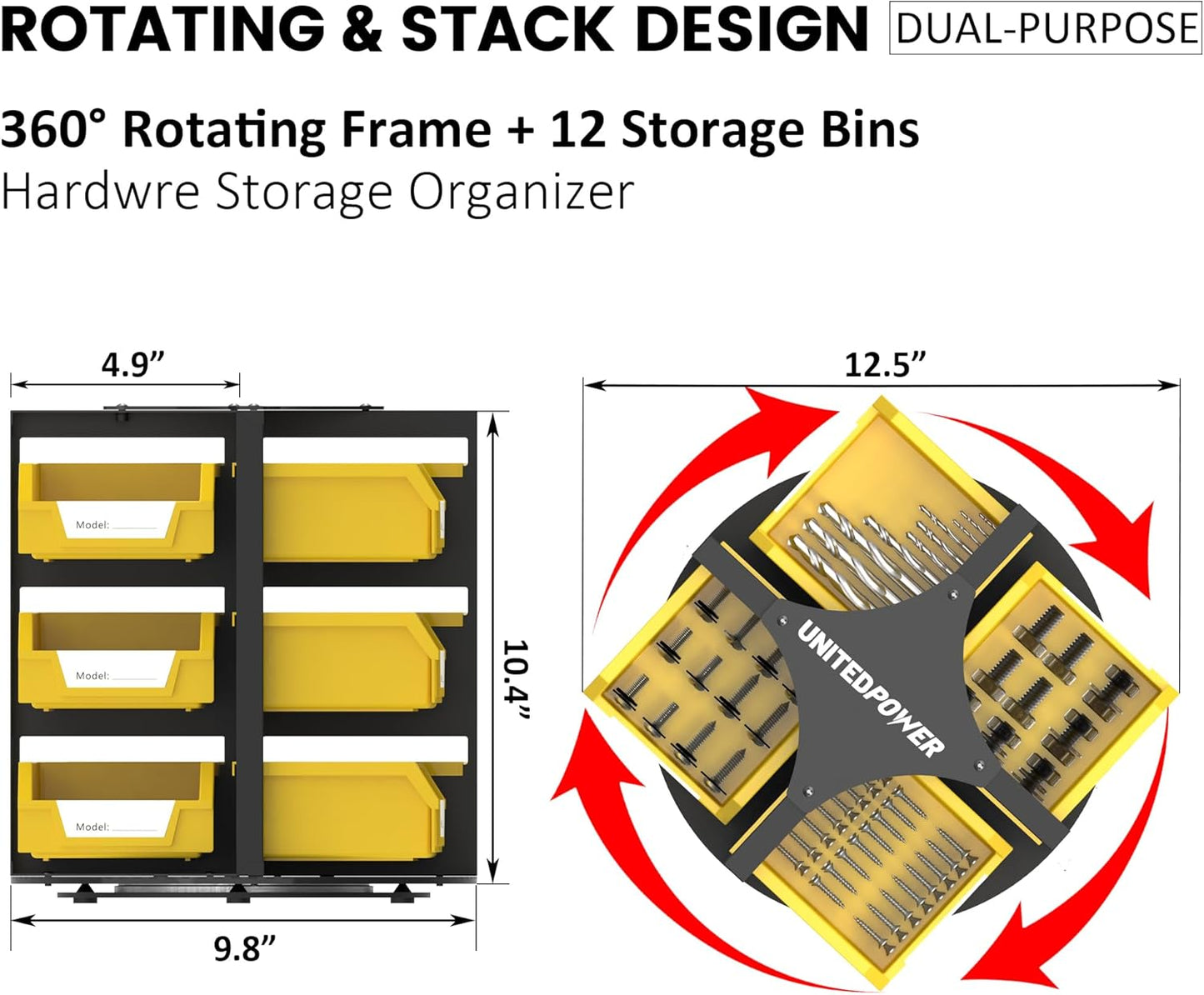 UNITEDPOWER Rotating Storage Bins, Tool Organizer, Hardware Crafts, Small Parts, Nuts and Bolts, Revolving 12 Bins Storage for Workshop, Shed, Garage, Home