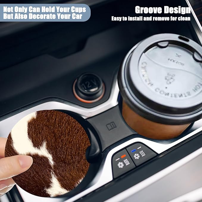 Car Cup Holder Coaster -Cow Hide Brown Absorbent Ceramic Coaster, Car Coasters for Cup Holders, Auto Accessories for Women & Men, Pack of 2