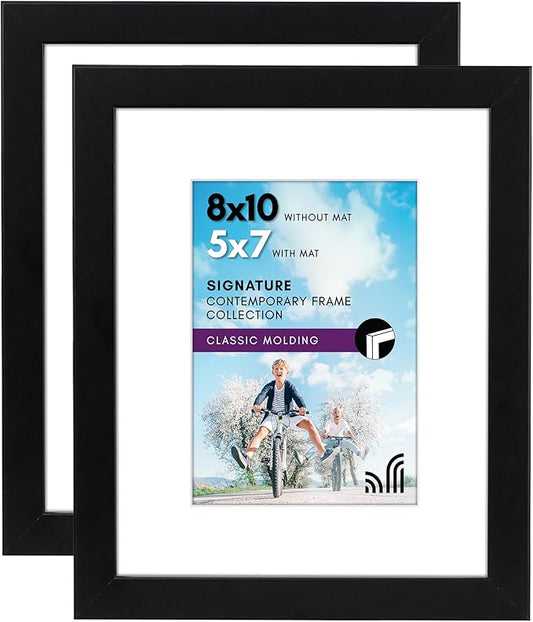 Americanflat 8x10 Picture Frame in Black - Displays 5x7 With Mat and 8x10 Without Mat - Composite Wood with Shatter Resistant Glass - Horizontal and Vertical Formats for Wall and Tabletop - Pack of 2