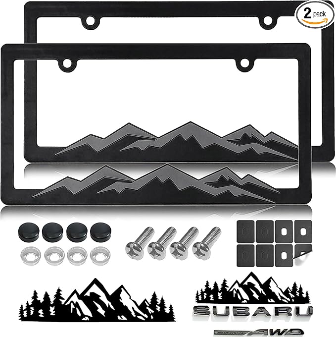 Mountain License Plate Frames - 2 Pack Plastic Car Tag Frame with 3D Mountain Design, Grey on Black, Included Mountain Vinyl Sticker, Screws & Caps