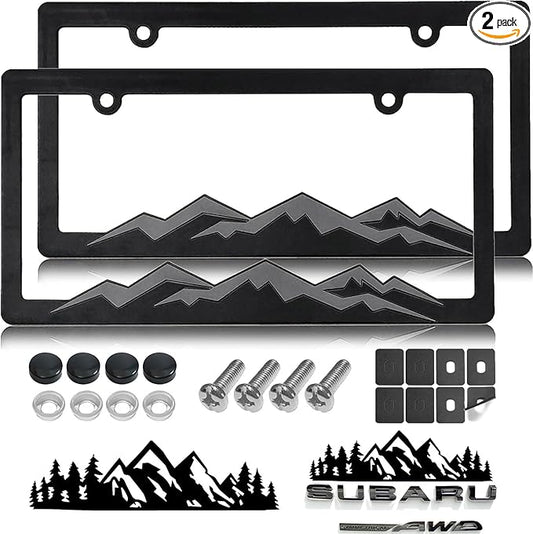 Mountain License Plate Frames - 2 Pack Plastic Car Tag Frame with 3D Mountain Design, Grey on Black, Included Mountain Vinyl Sticker, Screws & Caps