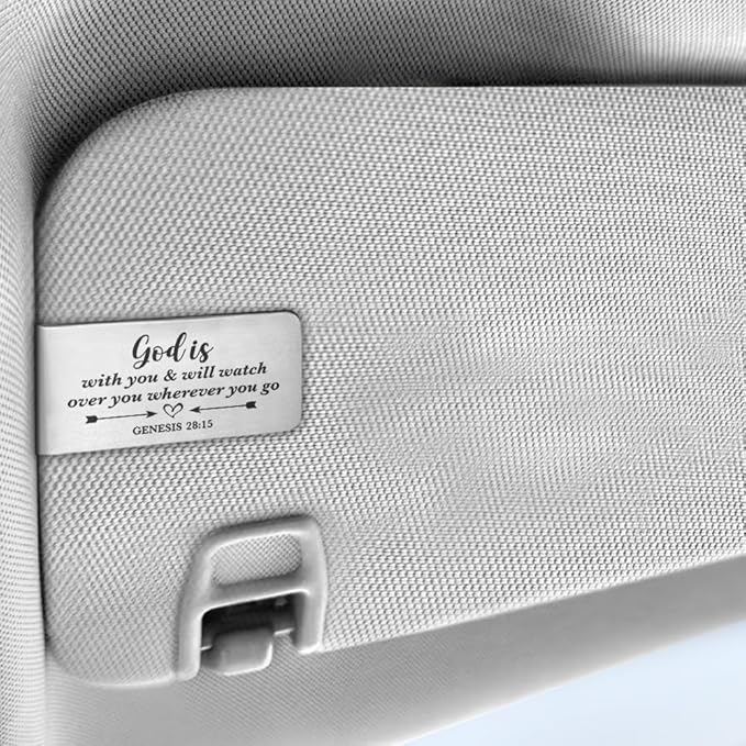 God is with You and Will Watch Over You Wherever You Go Engraved Stainless Steel Car Visor Clip, Genesis 28:15, Funny Religious Gifts for Women Men Family Friend, New Driver Gifts