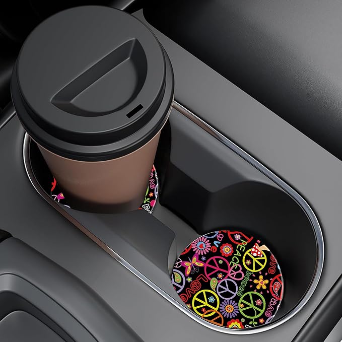 Childish Hippie Pattern Car Cup Holder Coaster, Car Coasters for Cup Holder, 2 Pack Peace and Love Symbol Anti-Slip Absorbent Ceramic Car Cup Coasters for Women Men with Finger Notch Cork Base 2.56"