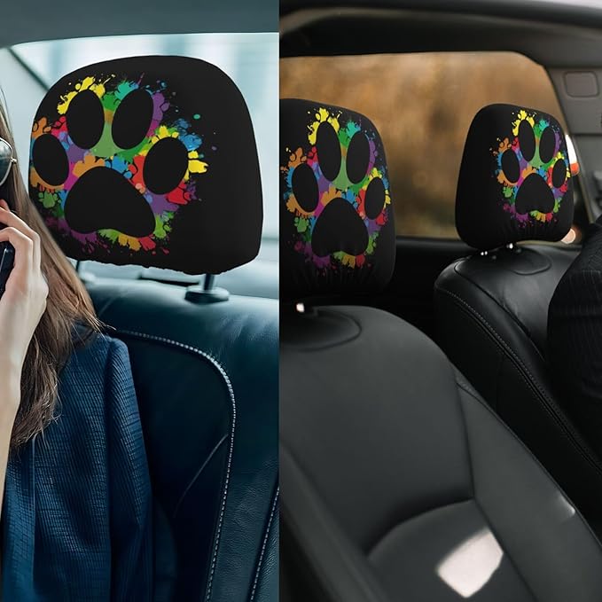Dujiea 2 Pack Colorful Paw Car Headrest Covers, Universal Soft Car Seat Head Rest Protector, Vehicle Accessories Fabric Headrest Cover for Cars Vans Trucks
