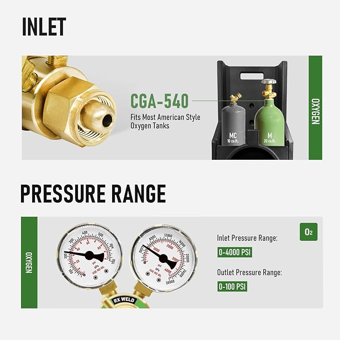RX WELD Oxygen Regulator Welding Gas Gauges CGA 540 Inlet Oxy for V-Style Torch Cutting Kit, T-Handle