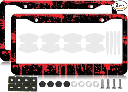 2PCS Red Blood Pattern License Plate Frames for Men Women - Universal Aluminum Stainless Steel Personalized Car Tag Covers Holder with Screws, Caps, Rattle Proof Pads and Handlebar Stickers