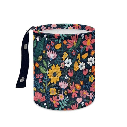 Colorful Flowers Car Garbage Trash Can Collapsible Trash Rubbish Bin Basket Bag Portable Cup Holder Organizer with Strap Universal Storage Bag Box for Front Seat, Back Seat, Floor, Headrest