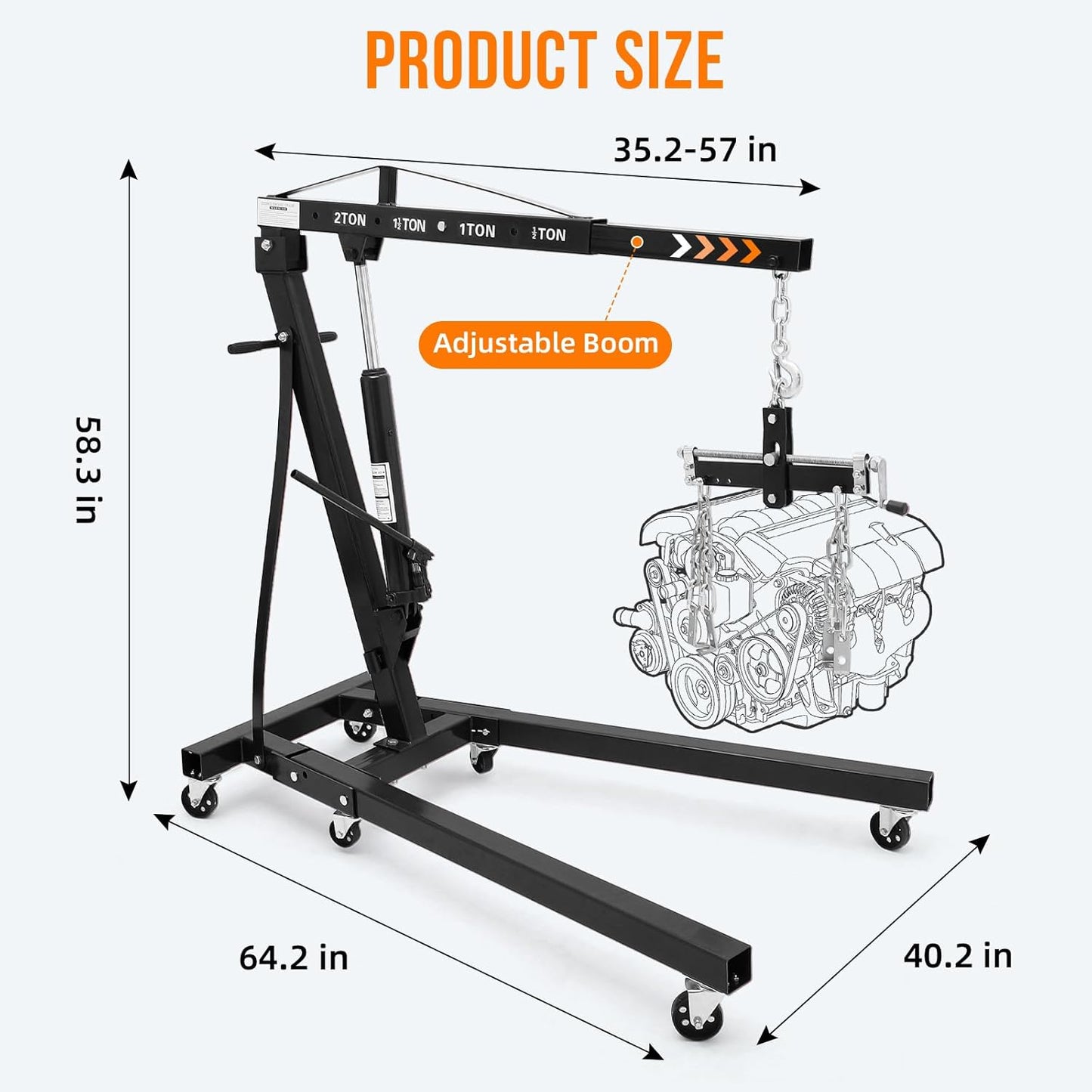 2 Ton Folding Engine Hoist with Lever, Cherry Picker Shop Crane Hoist Lift, 4400 Lbs Heavy Duty Steel Hydraulic Shop Engine Crane for Workshop and Garage, Black