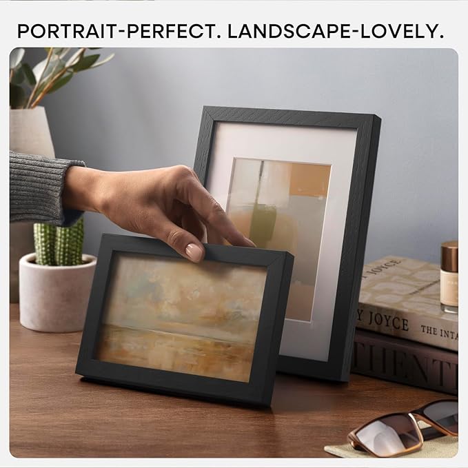 Homeforia 8x12 Black Picture Frame, High End Oak 8 x 12 Wood Frames with Mat 6 by 8 Print, 8by12 Wooden Frame Matted to 6x8 inch Photo, 12x8 Wall or Tabletop Frames, Tempered Glass, Wall Kit, Set of 1