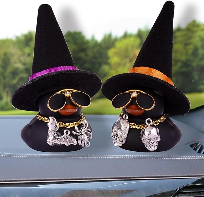 Car Rubber Duck Ornaments Halloween Duck Car Dashboard Decorations with Mini Witch Hat Sunglasses Necklace Halloween Accessories for Halloween Themed Gifts(W21)