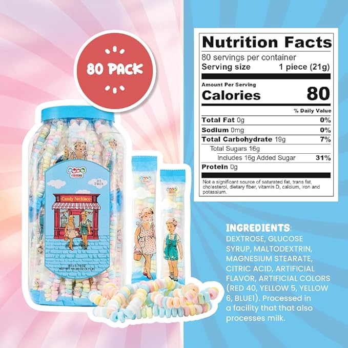 80 Candy Necklaces Individually Wrapped, Choker Style, Nostalgic Pastel Candy Jewelry Perfect for Party Favors, Pinata Fillers and Goodie Bags, Packed in a Convenient Display Tub, By 4YoreElves