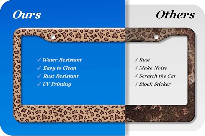 2PCS Brown Leopard Pattern License Plate Frames for Men Women - Universal Aluminum Stainless Steel Cheetah Car Tag Covers Holder with Screws, Caps, Rattle Proof Pads and Handlebar Stickers