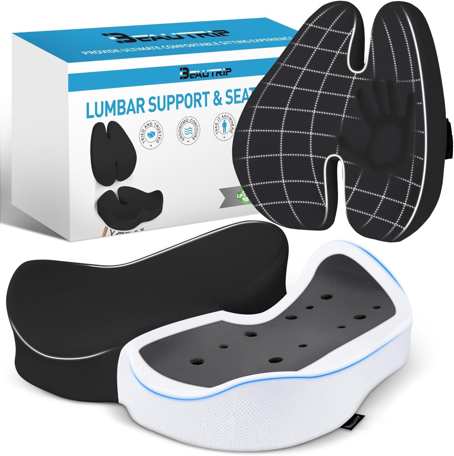 BEAUTRIP Seat Cushion & Lumbar Support Pillow for Office Chair, Car & Wheelchair - Ergonomic Coccyx Cushion for Tailbone, Sciatica & Back Pain Relief - Extra-Dense Charcoal Memory Foam Chair Cushions