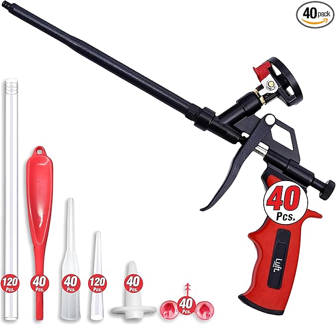Luft Professional Expanding Foam Spray Gun (40 Insulation Guns + 360 Extenders) PU Insulating Applicator Heavy Duty Metal Body Dispensing Foam Gun Suitable for Caulking, Filling, Sealing (40 Pack)