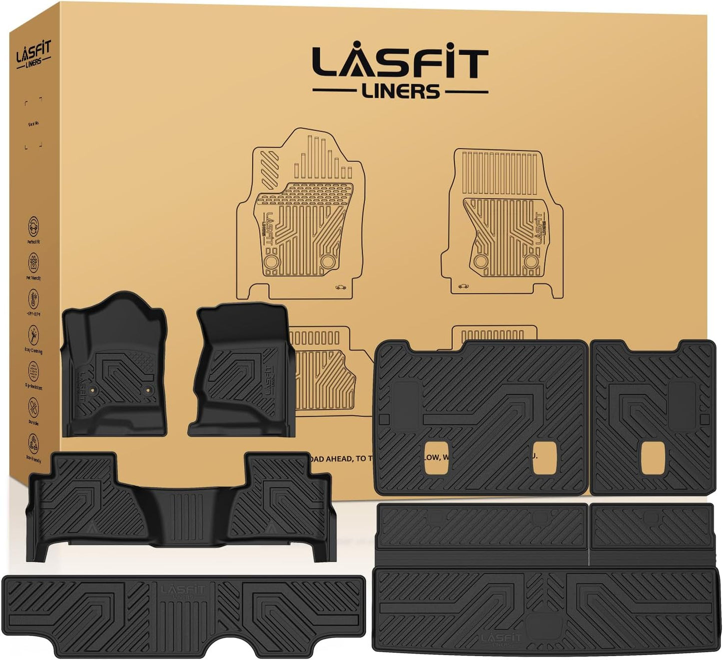 LASFIT Floor Mats & Cargo Liner 2015-2020 & Only 7/8 Seats (Not for 9 Seats) for Chevrolet Chevy Tahoe/GMC Yukon(Only Yukon, Not Fit Yukon XL)/Cadillac Escalade(Only Escalade, Not Fit Escalade ESV)