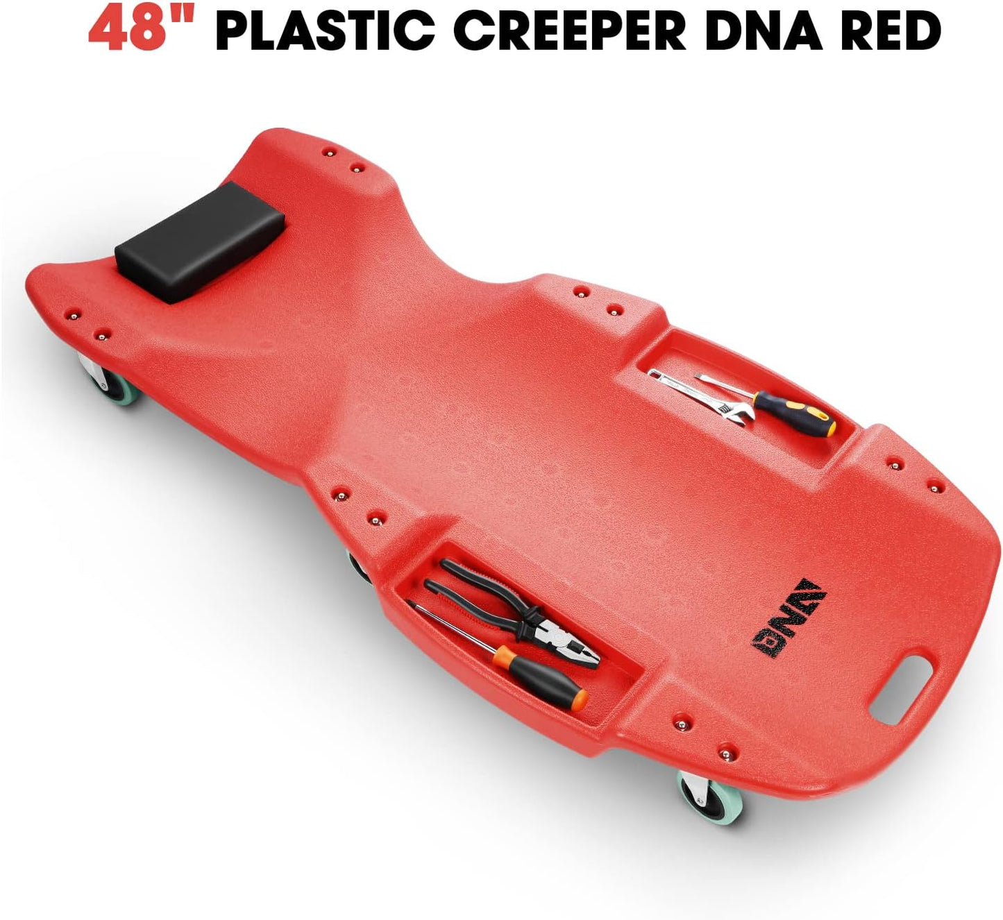 DNA MOTORING TOOLS-00238 48 Inches Heavy-Duty Low-Profile Roller Automotive Creeper with Padded Headrest, Red