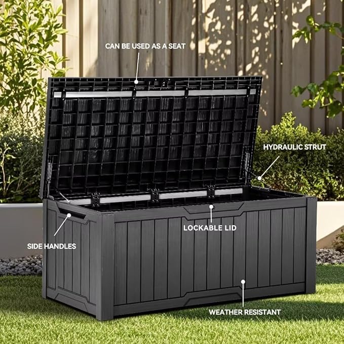 YITAHOME Outdoor Storage Box, 120 Gallon Waterproof Deck Box for Garden Tools, Patio Cushions, and Pool Accessories, Lockable, Easy Assembly, Versatile Bench or Table (Black)