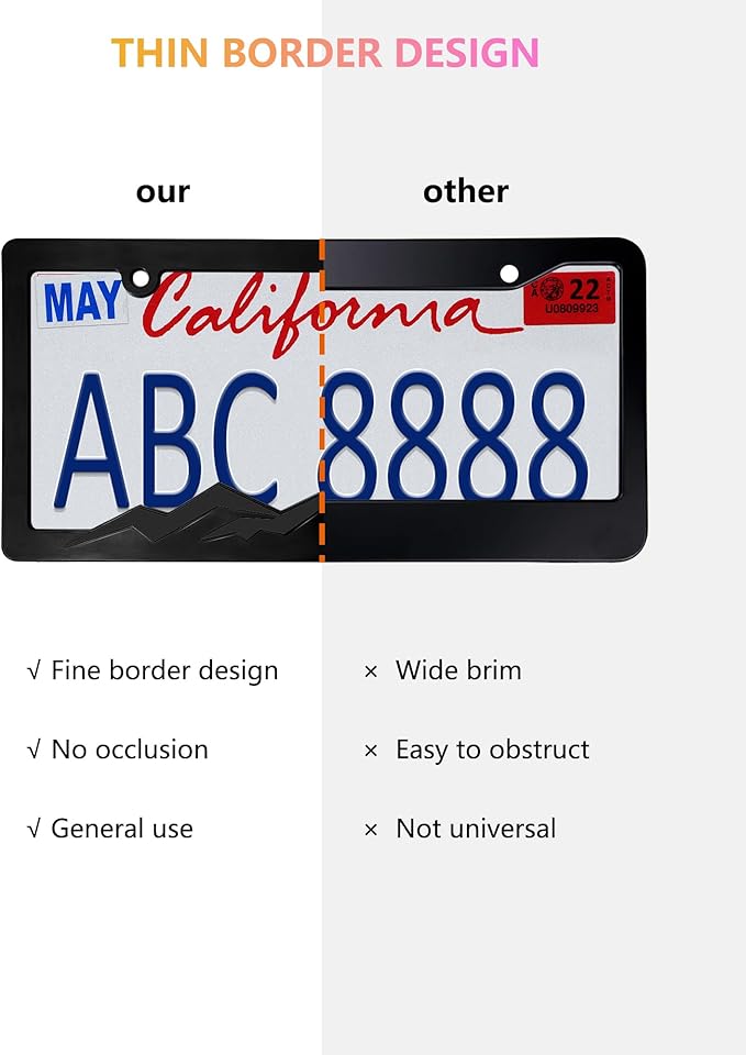 Mountain License Plate Frames - 2 Pack Black Plastic Car Tag Frame with 3D Mountain Design, Included Mountain Vinyl Sticker, Screws & Caps