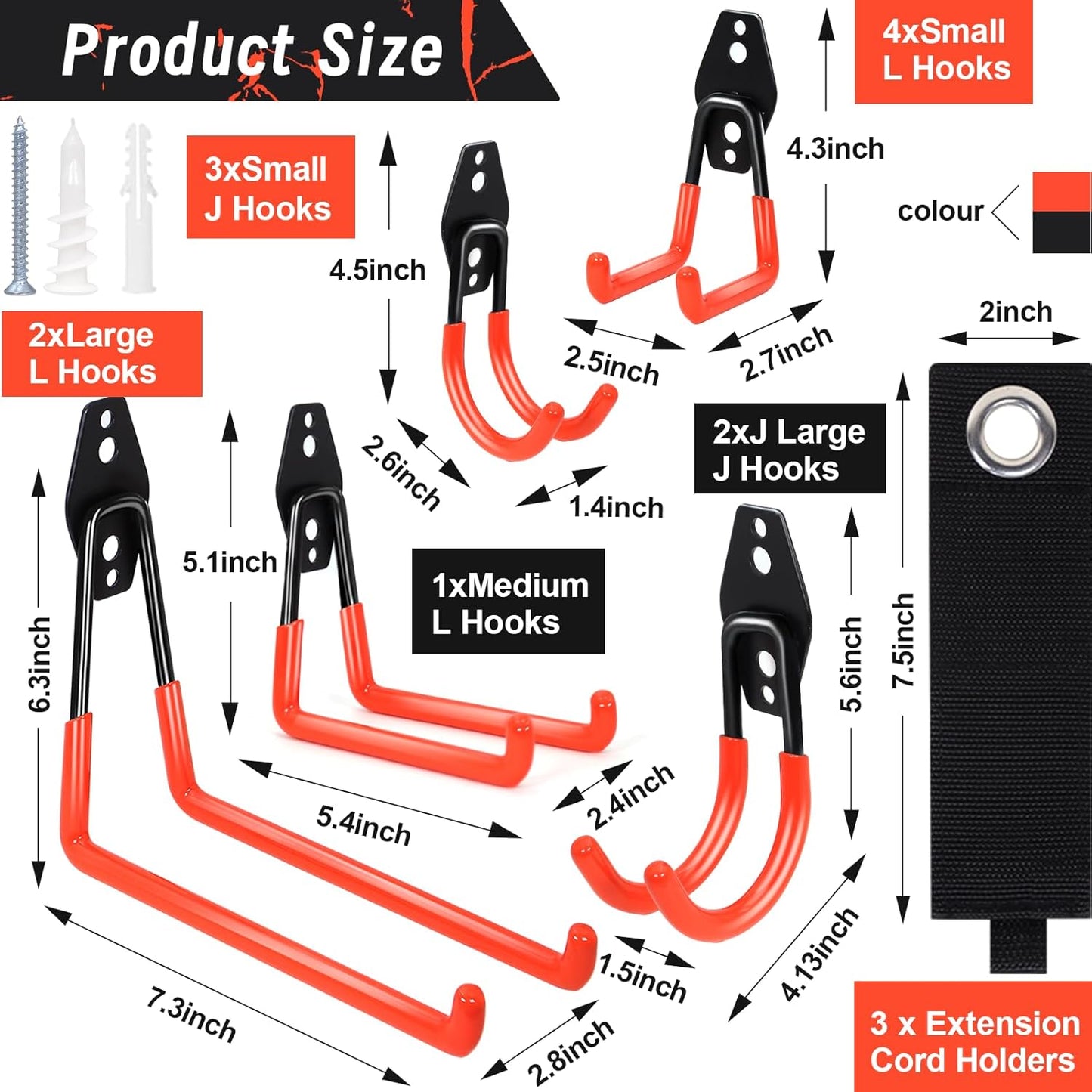 15 pcs Garage Wall Hooks Garage Storage Hook with Anti-Slip Coating,Heavy Duty Wall Mount Hooks for Hanging Bike, Ladder, Power Tools with Extension Cord Holder Organizer